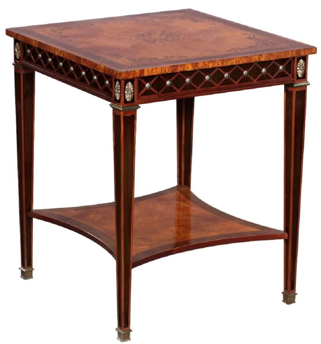 Luxury Art Deco side table natural colors / brown inlay / silver / antique brass 61 x 61 x H. 77 cm - Square solid wood table with drawer - Luxury Art Deco living room furniture