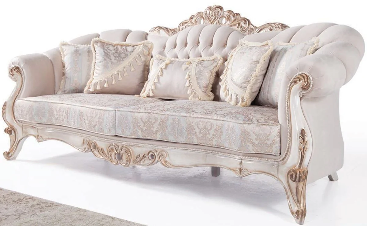 Luxury Baroque living room sofa with cushions light gray / white / antique bronze 243 x 89 x H. 106 cm - Baroque furniture