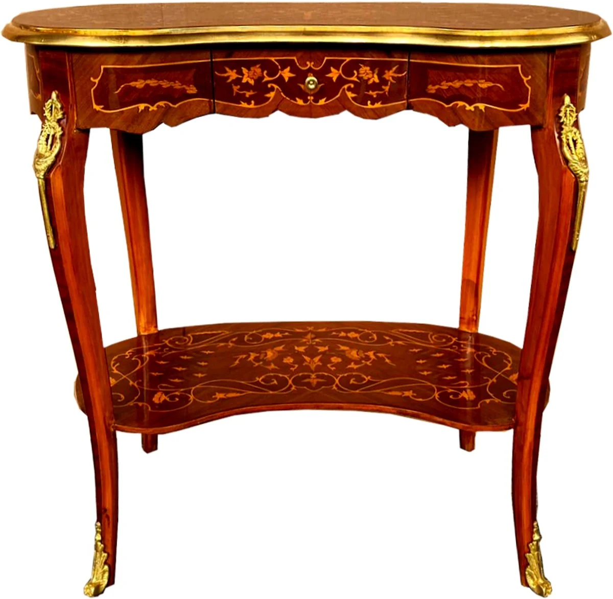 Baroque side table with drawer brown inlay / gold - antique style console chest of drawers - telephone table - furniture