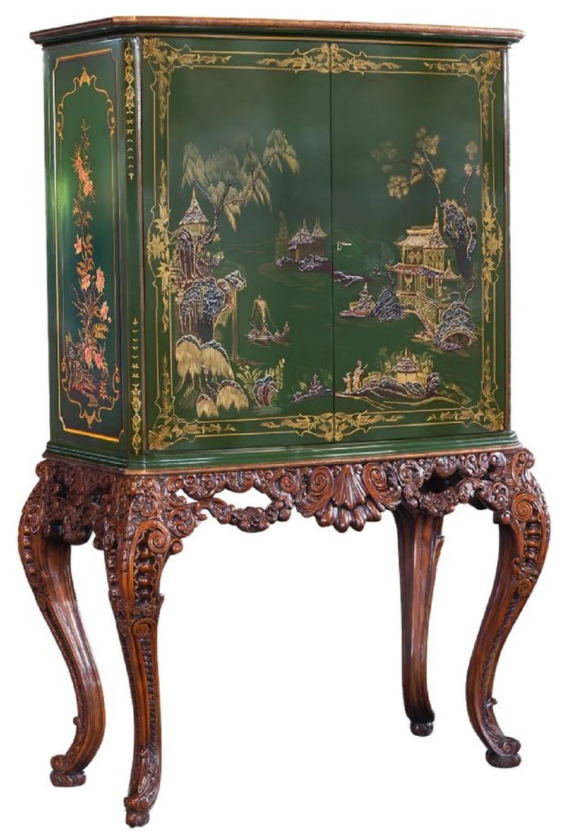 Luxury baroque bar cabinet green / brown / multicolored / gold - magnificent solid wood cabinet with LED lighting - baroque living room furniture - baroque bar furniture - baroque hotel furniture