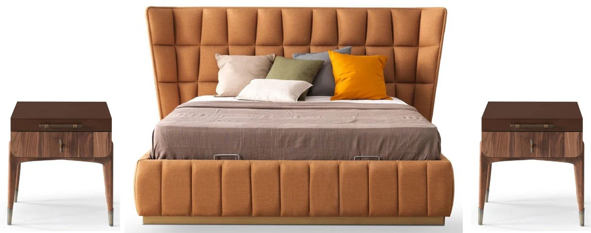 Luxury bedroom set light brown / brown - 1 double bed with headboard & 2 nightstands - Luxury bedroom furniture - Luxury bedroom furnishings