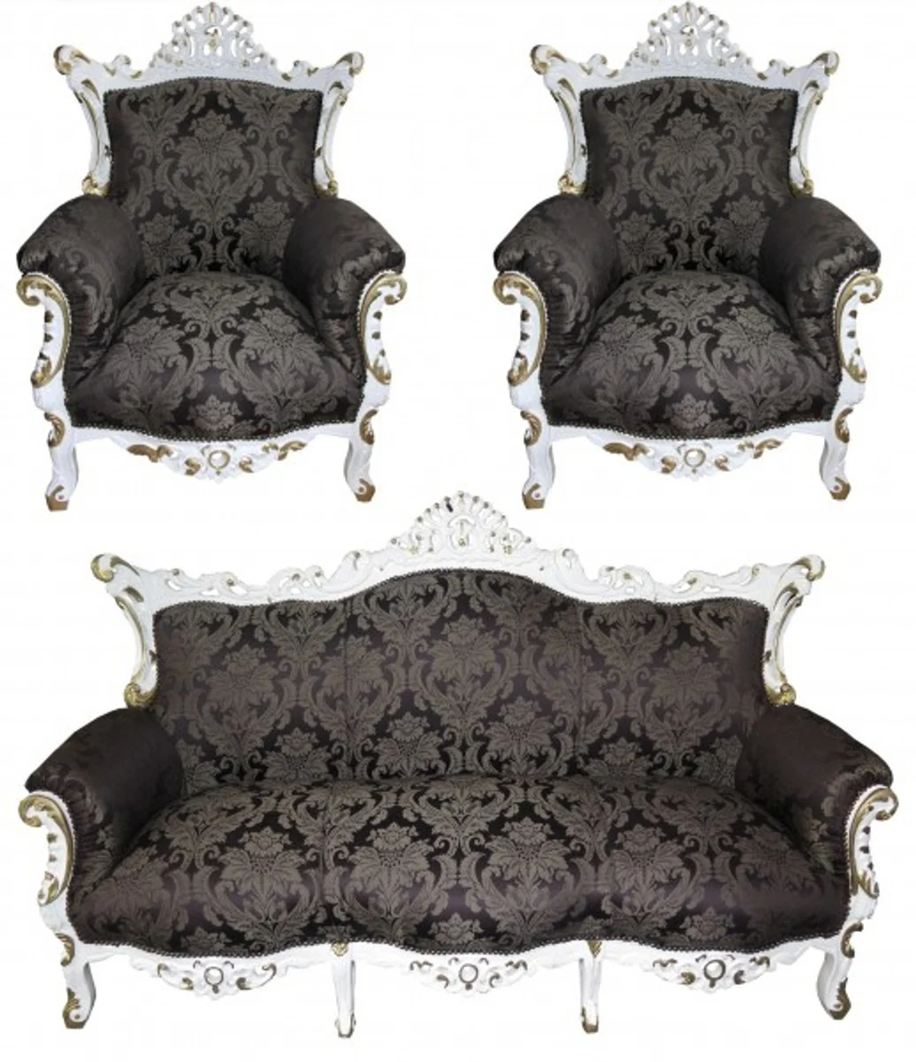 Barock Wohnzimmer Set Schwarz Muster / Weiss/Gold - 3-er Sofa + 2 Sessel