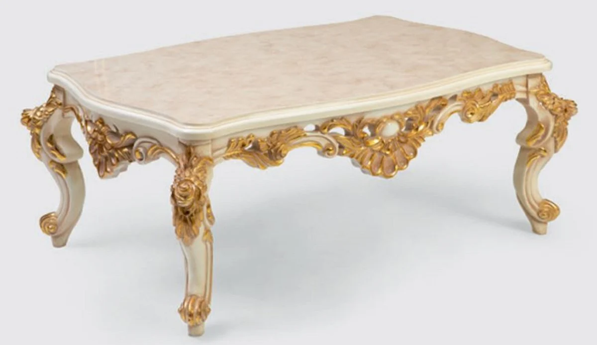 Luxury baroque living room table cream / white / gold 140 x 90 x H. 55 cm - Noble solid wood coffee table in baroque style - Baroque living room furniture