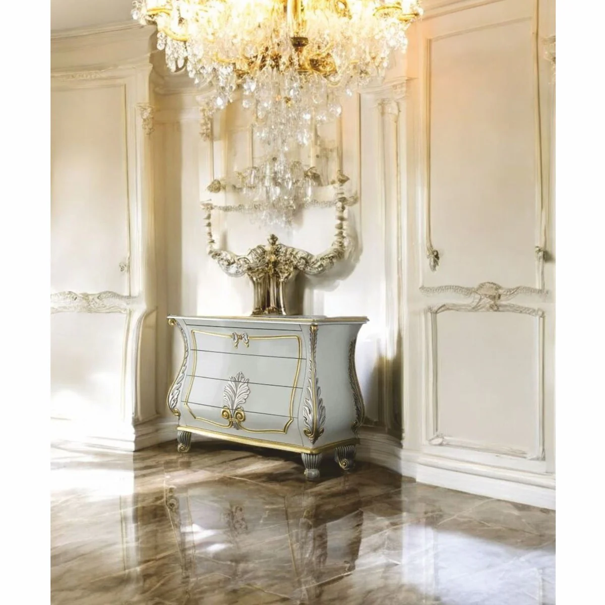 Luxus Barock Kommode Weiß / Silber / Gold 135 cm - Made in Italy