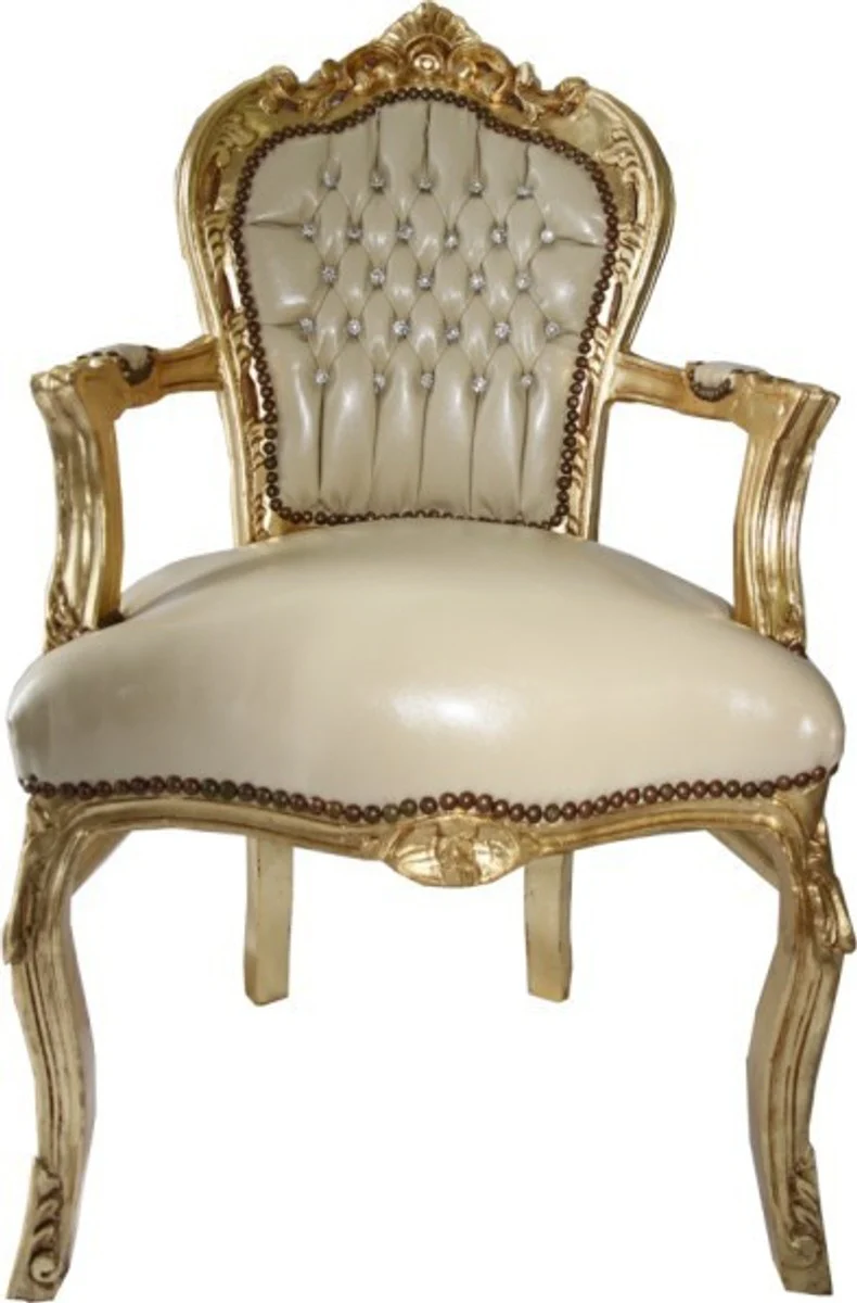 Baroque dining room chair with armrests cream leather look / gold - furniture