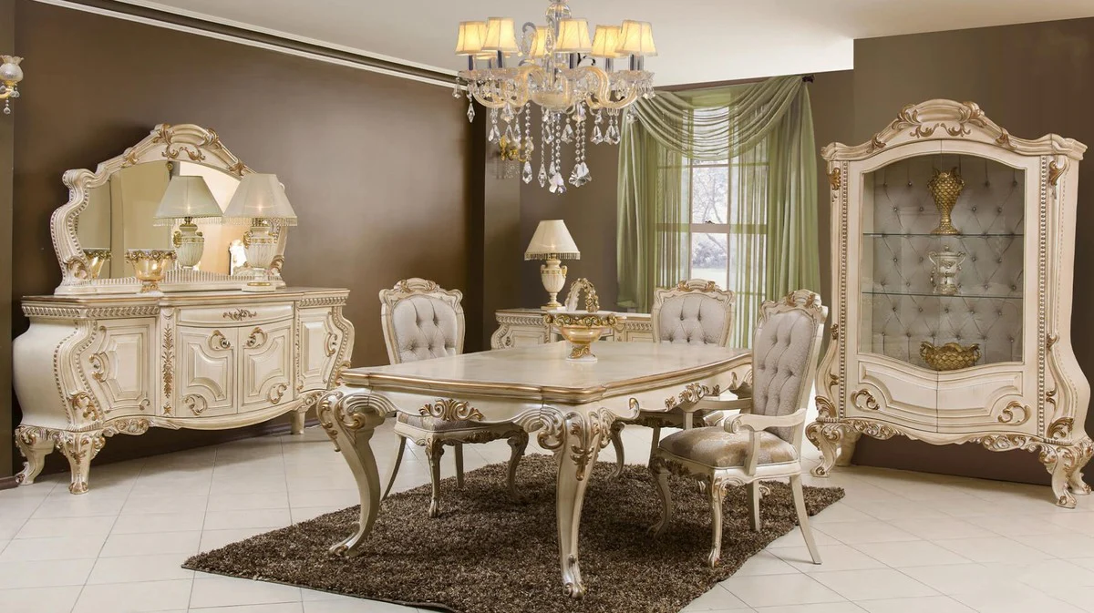 Luxury baroque dining table cream / gold - magnificent solid wood dining room table in baroque style - magnificent baroque dining room furniture
