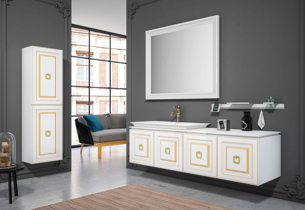 Luxury bathroom set white / gold - 1 vanity unit with sink & 1 wall mirror & 1 wall cabinet - luxury bathroom furniture