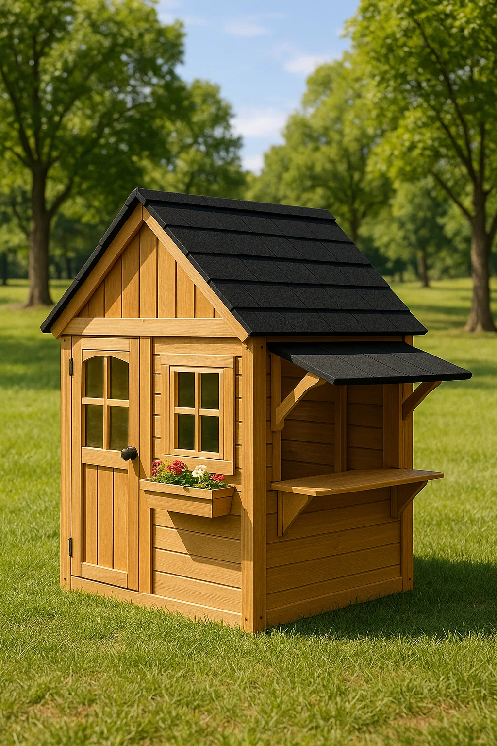 Kinderspielhaus aus Naturholz mit schwarzem Dach und Gartentheke 135×110×150 cm GuCyPvI132OT