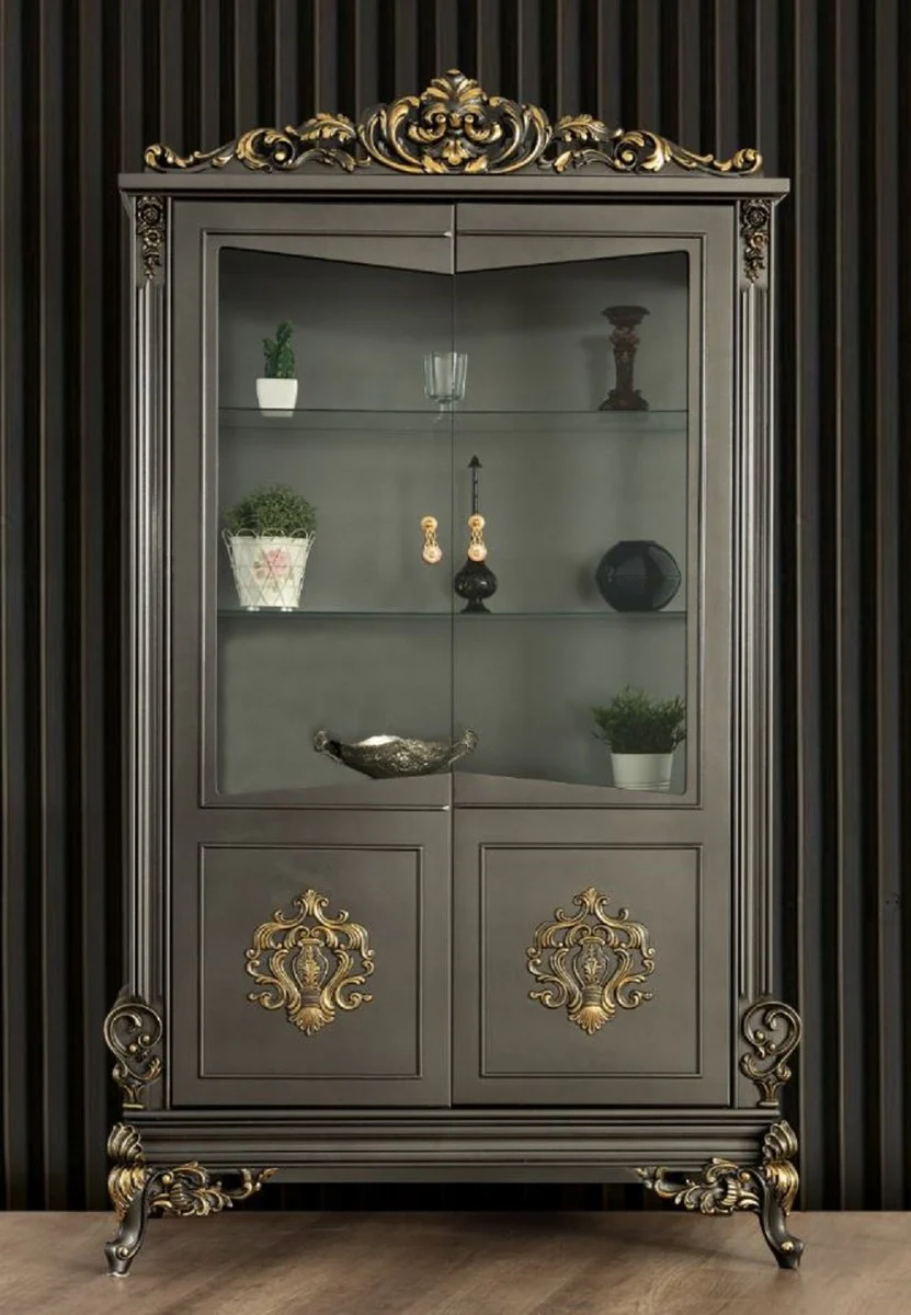 Luxury baroque living room display cabinet gray / gold 130 x 55 x H. 210 cm - Magnificent baroque display cabinet with 2 glass doors - Noble baroque furniture