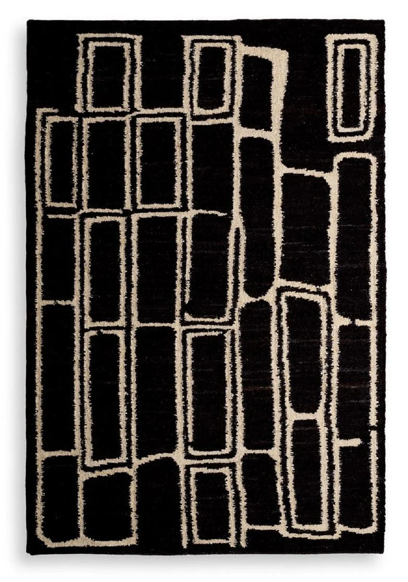 Luxury wool carpet black / ivory 200 x 300 cm - hand-woven living room carpet - living room decoration accessories - luxury furniture - luxury interior