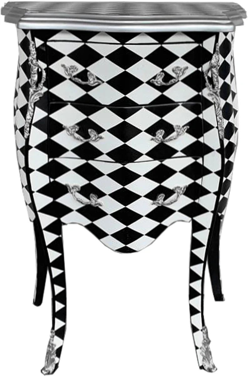 Baroque Chest of Drawers Checked Black White - Bedside Table Cabinet Night Cabinet