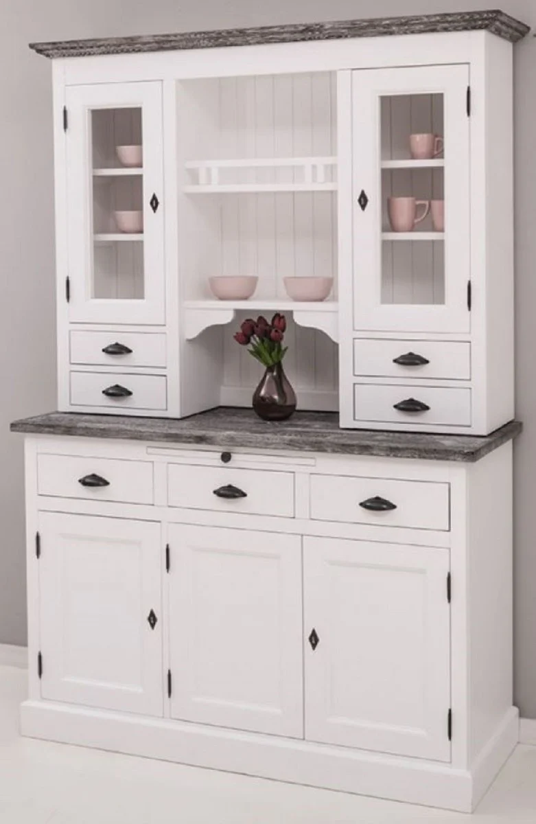 Country house style kitchen cabinet white / dark gray 138 x 50 x H. 197 cm - 2-part kitchen cabinet with 5 doors and 7 drawers - country house style kitchen furniture