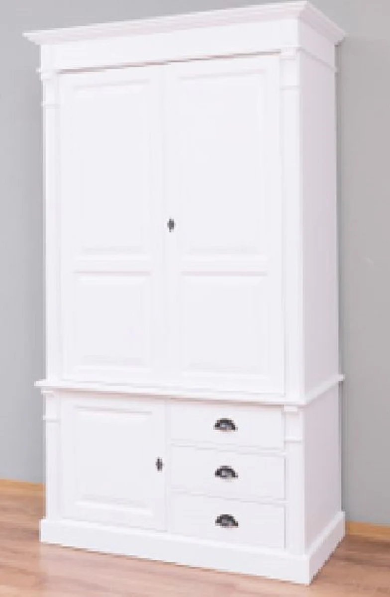 Country house style bedroom wardrobe white 120 x 59 x H. 210 cm - solid wood wardrobe with 3 doors and 3 drawers - solid wood bedroom furniture in country house style