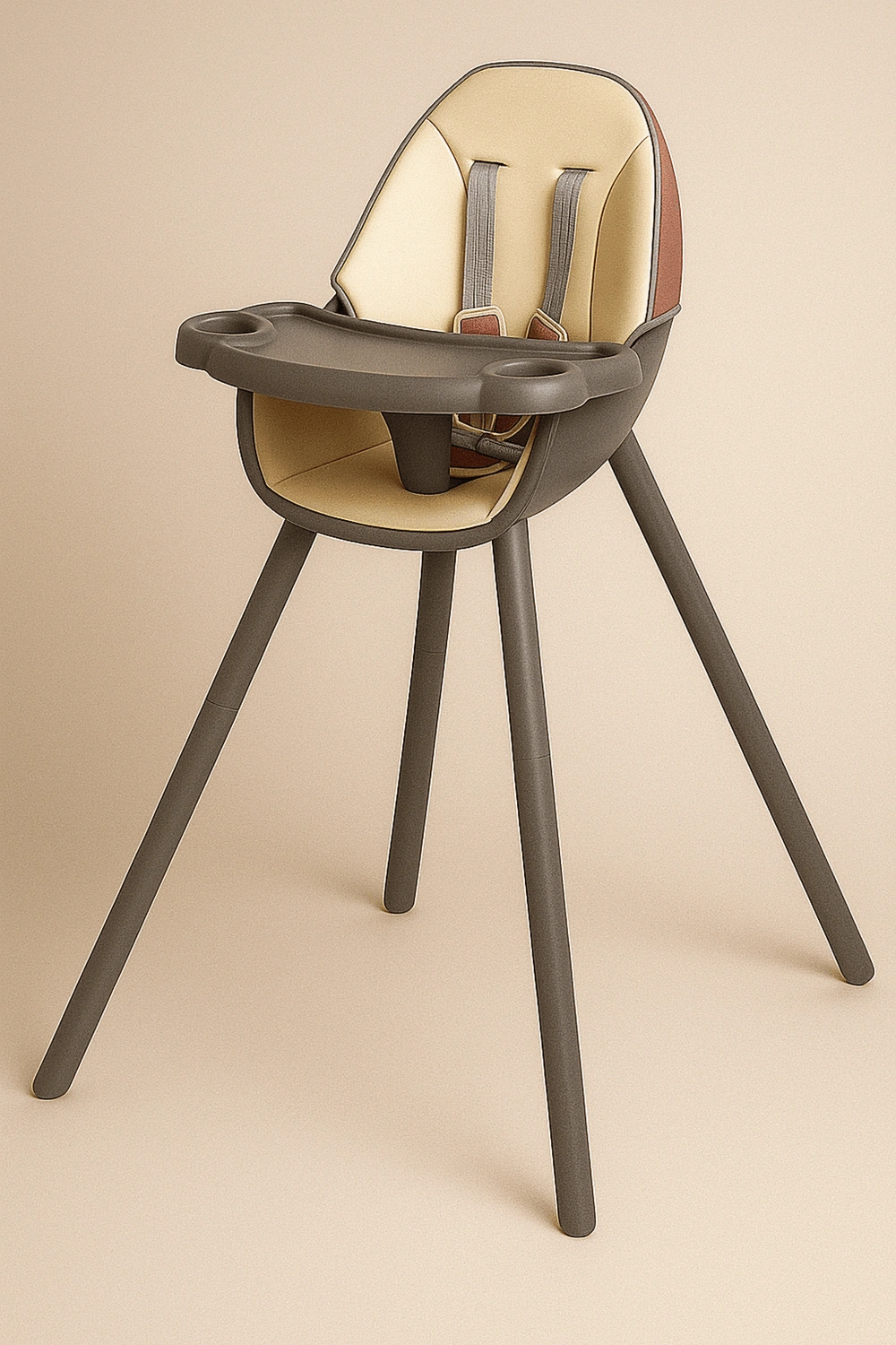 Hochstuhl mit abnehmbarem Tablett und stabiler Konstruktion, bis 15 kg, 5-Punkt-Sicherheitsgurt, beigebraune Farbe, mit fester Rückenlehne und fester Kopfstütze, geeignet für Kinder von 6 bis 36 Monaten
