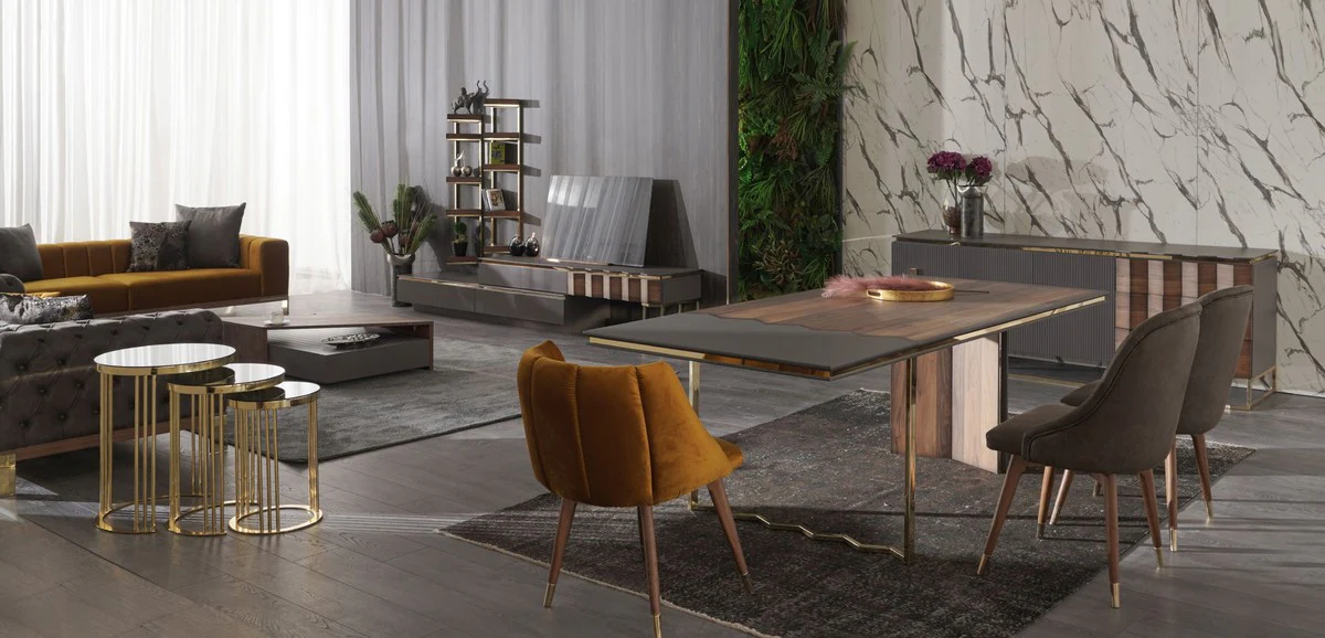 Luxury dining table brown / gray / gold 220 x 105 x H. 75 cm - Rectangular kitchen table - Dining room furniture - Kitchen furniture - Luxury furniture - Luxury furnishings