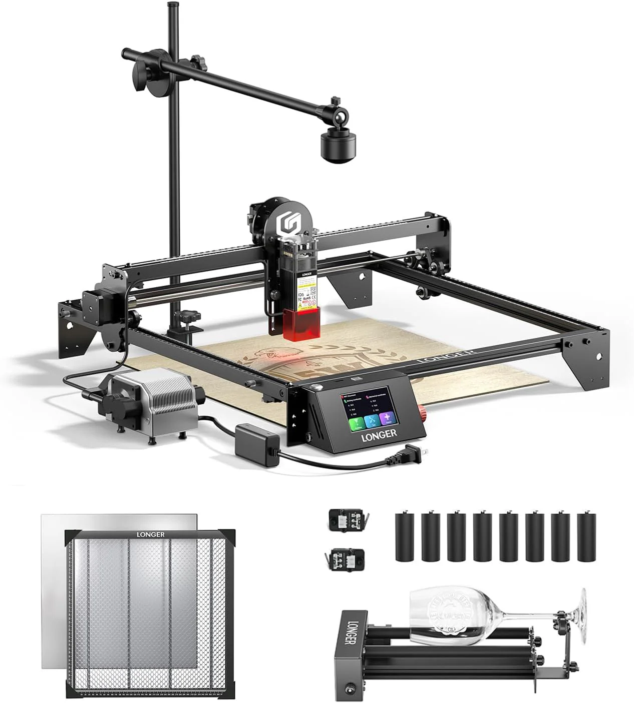 Longer RAY5 5W Laser Cutter and Laser Engraver for Tumbler, with Rotary Roller Bundle, 17.3x 17.3 Honeycomb Workbed, Camera Kit, and Air Pump Laser Engraver for Wood and Metal, Acrylic