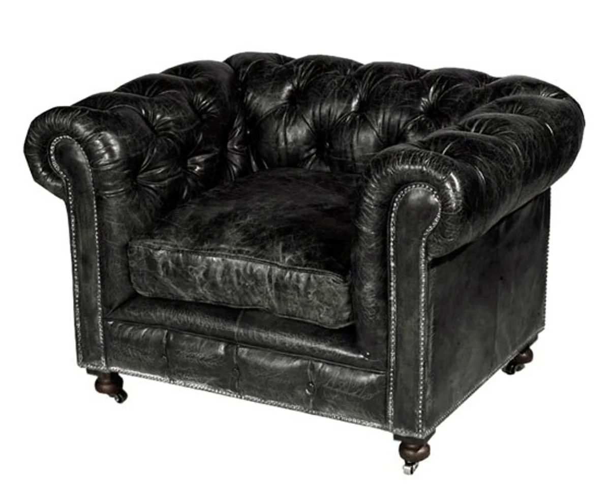 Chesterfield Luxury Real Leather Armchair Vintage Leather Kensington Black - Club Armchair