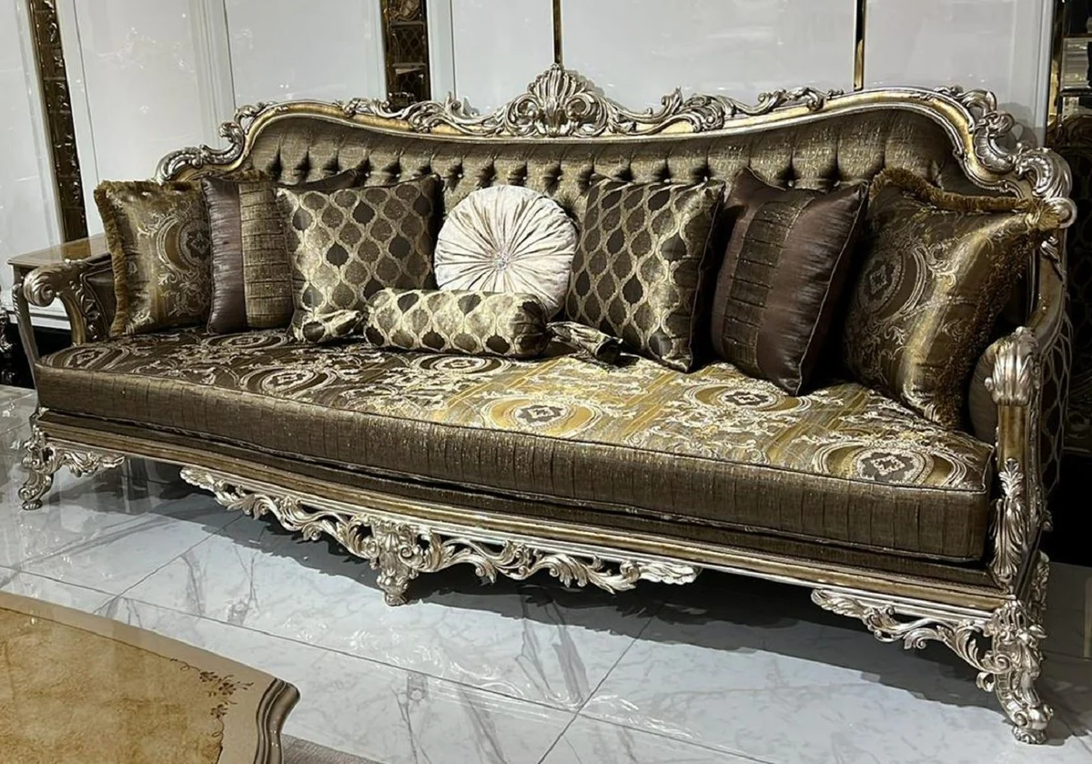 Luxury Baroque Sofa Gold / Silver - Magnificent Living Room Sofa with Decorative Pillows - Baroque Living Room Furniture - Noble & Magnificent