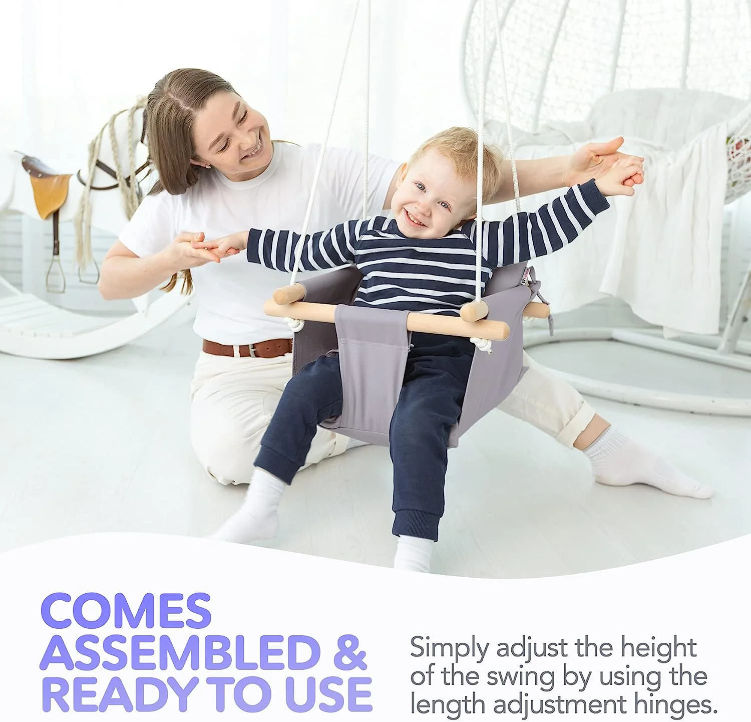 Babyschaukel aus Segeltuch, hängender Schaukelsitz aus Holz mit Sicherheitsgurt, langlebiger Baby-Hängemattenstuhl, Außen- und Innenschaukel für Kinder, Montagezubehör im Lieferumfang enthalten, Elfenbeinfarben