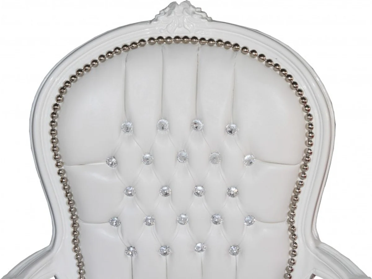 Baroque Salon Chair White Leather Look / White with Bling Bling Rhinestones - Furniture Antique Style