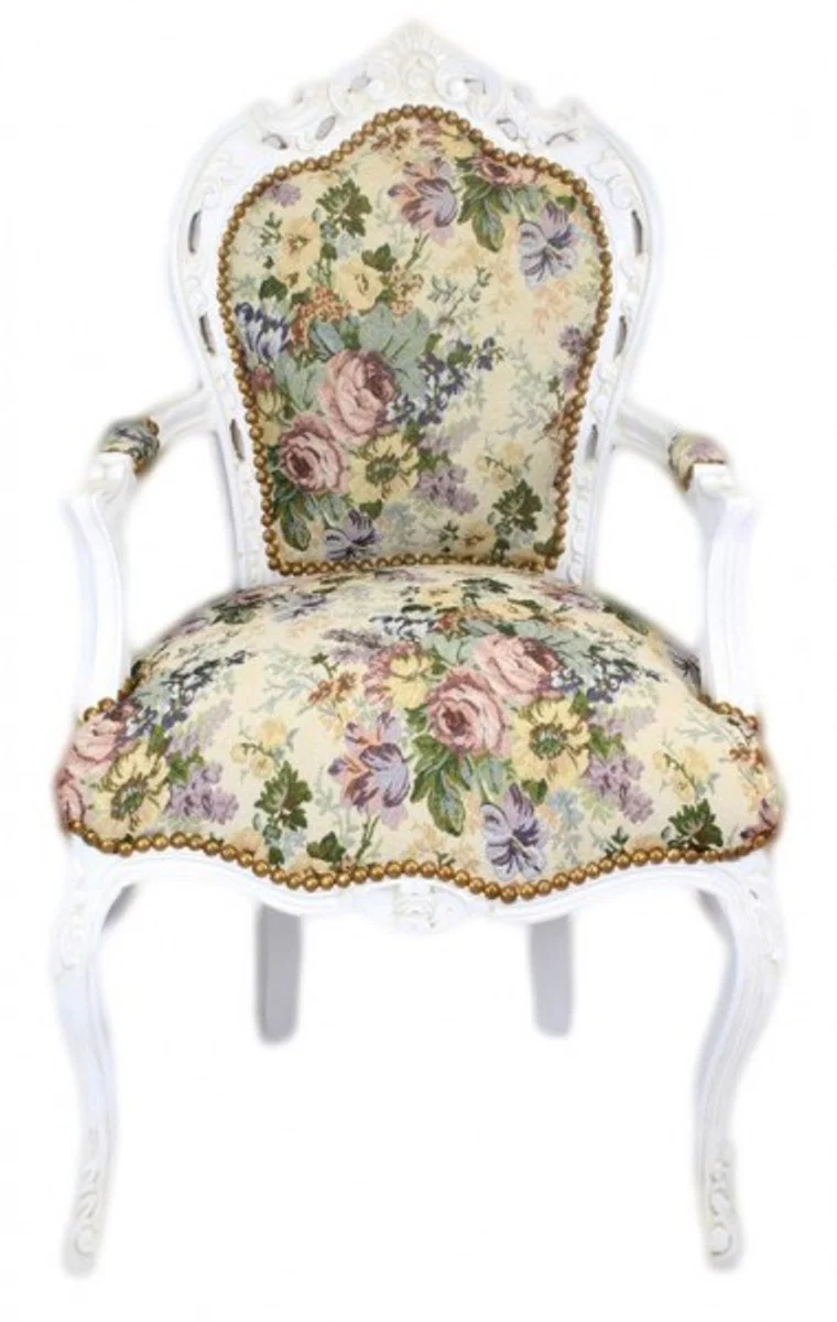 Baroque dining room chair with armrests floral pattern / antique white