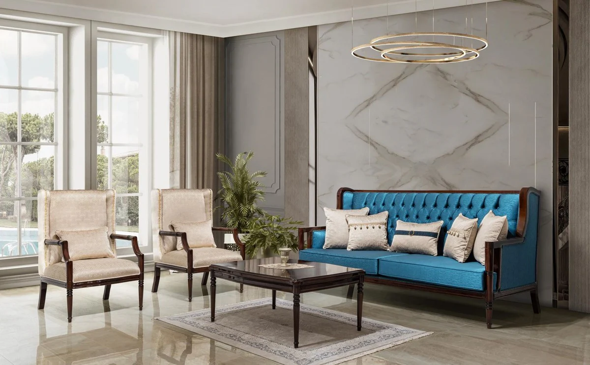 Luxury Baroque Style Living Room Furniture Set Beige/Blue/Dark Brown