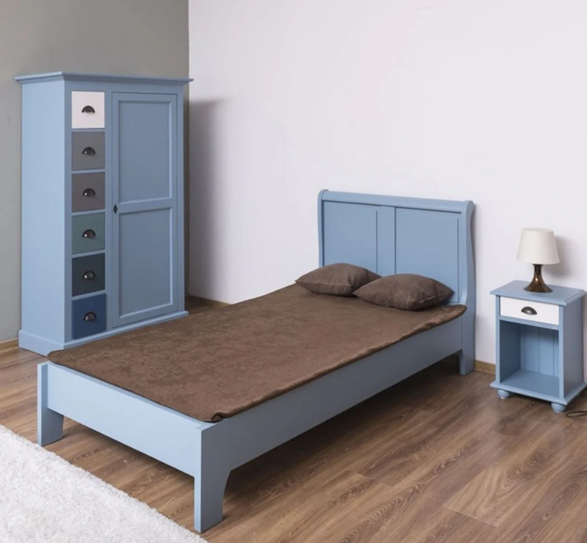 Country house style solid wood children's room furniture set light blue / white / multicolored - 1 single bed & 1 wardrobe & 1 bedside table - country house style furniture