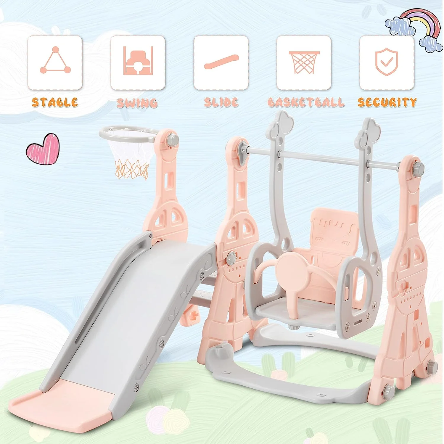 Merax 4-in-1-Rutsche für Kleinkinder, Indoor-Rutsche und Schaukel-Set für Kinder, freistehende Outdoor-Rutsche mit Basketballkorb (grüne Schaukelrutsche)