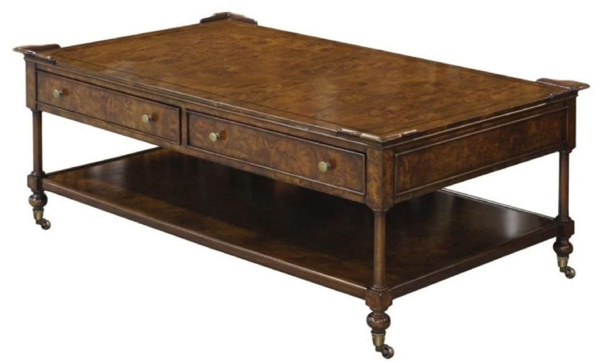 Luxury Art Nouveau coffee table brown 125 x 81 x H. 48 cm - living room table with wheels and 2 drawers