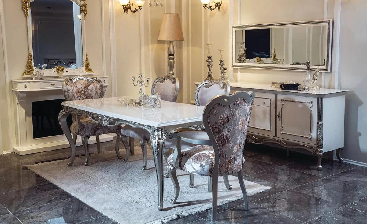 Luxury Baroque Dining Table White / Silver - Handmade Kitchen Table in Baroque Style - Baroque Dining Room Furniture