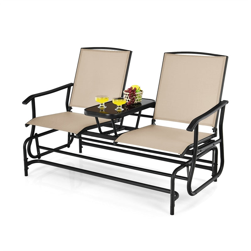 Outdoor 2-Person Rocking Loveseat Patio Bank Glider Stuhl mit Zentrum gehärtetem Glas Tisch