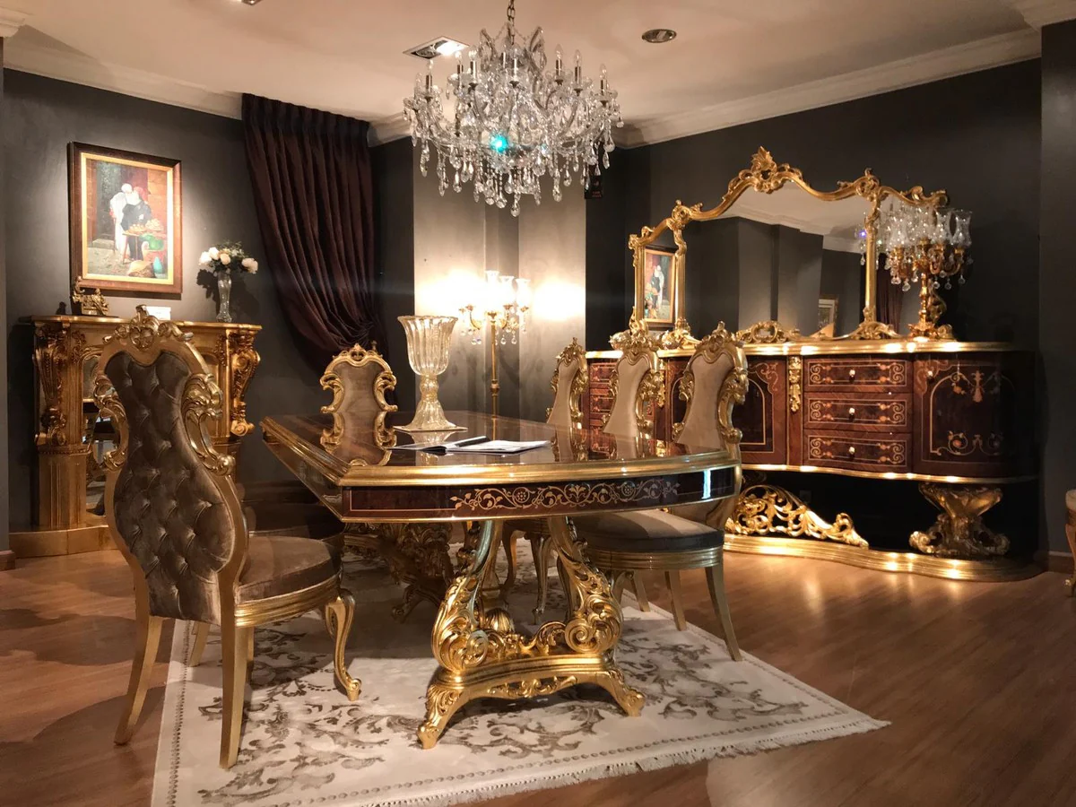 Luxury Baroque Dining Room Set Brown / Antique Gold - 1 Dining Table & 8 Dining Chairs - Dining Room Furniture in Baroque Style - Noble & Magnificent