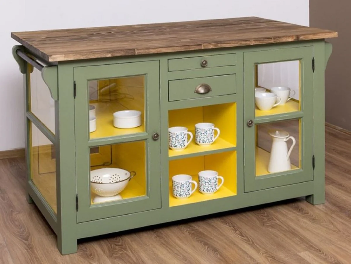 Country house style kitchen island green / yellow / brown 150 x 90 x H. 90 cm - solid wood kitchen cabinet - country house style solid wood kitchen furniture - solid wood dining room furniture in country house style