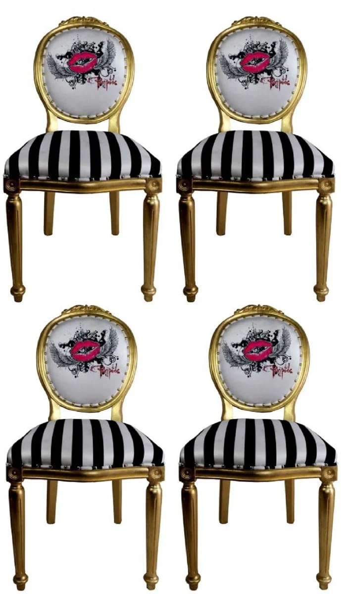 Pompöös by Luxury Baroque Dining Room Chairs Pink Lips Black / White Stripes / Gold - Pompöös Baroque Chairs designed by Harald Glööckler - 4 dining room chairs