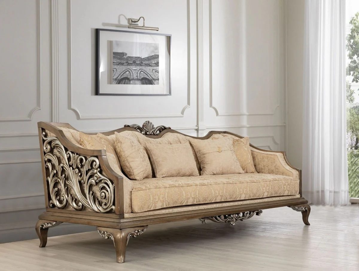 Luxus Barock Wohnzimmer Set Beige / Gold / Braun / Silber - 2 Sofas & 2 Sessel & 1 Couchtisch - Handgefertigte Barock Wohnzimmer Möbel - Edel & Prunkvoll