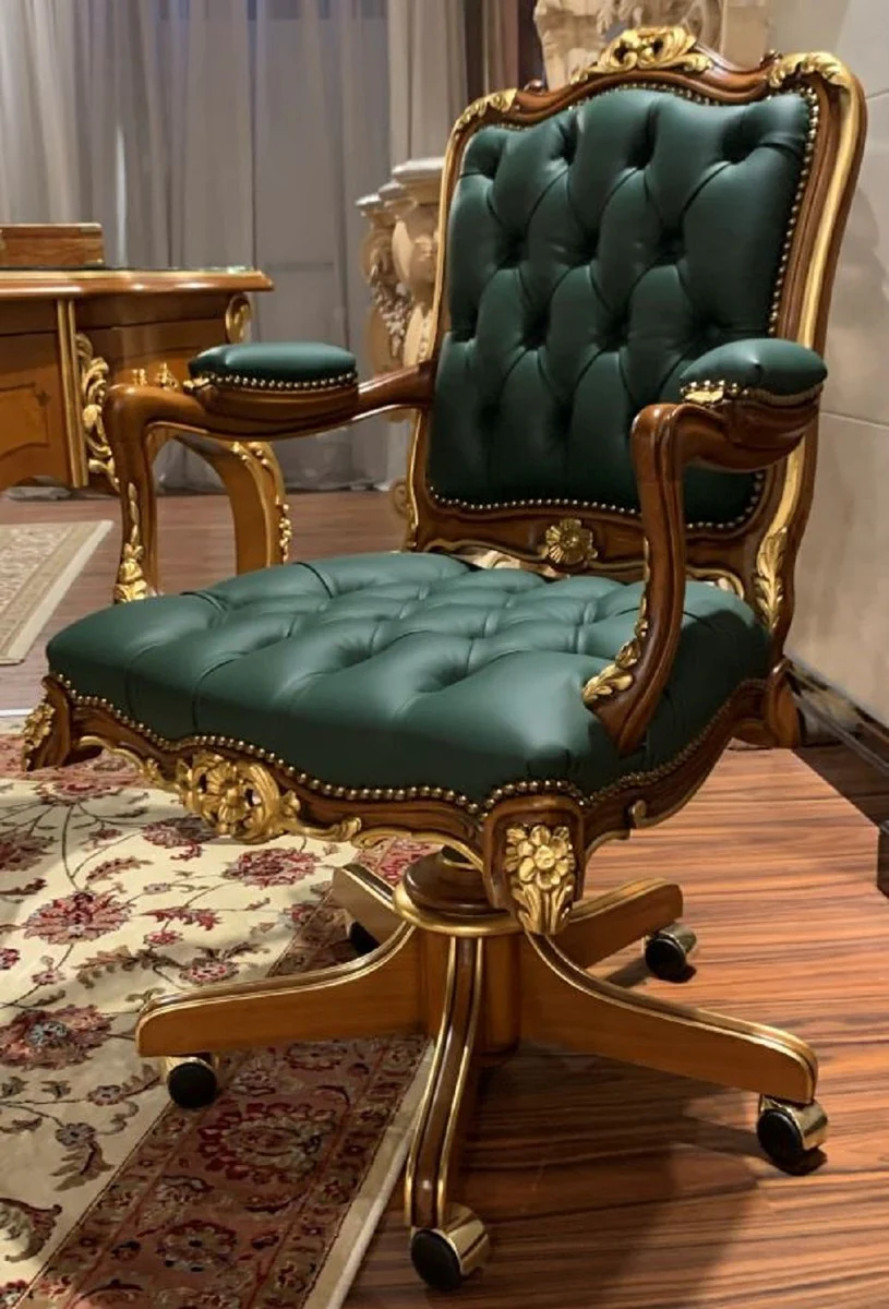 Luxury Baroque office chair green / brown / gold 70 x 57 x H. 108 cm - Magnificent handmade solid wood desk chair with real leather - Baroque office furniture - Luxury quality