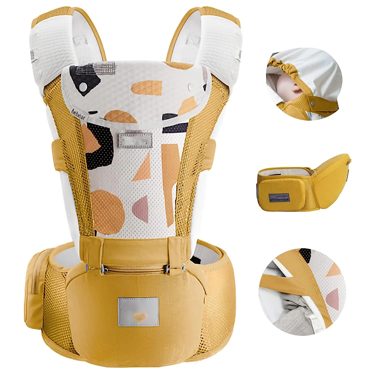 Babytrage für Neugeborene bis Kleinkinder, Baby-Hüfttrage mit Kopfhaube, Taillenverlängerung und 3 Beißpolstern (grau)
