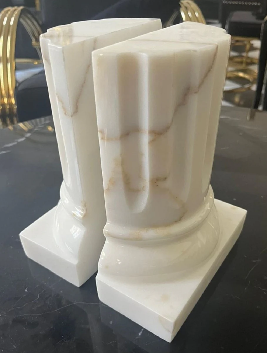 Luxus Marmor Buchstützen Set Barock Säulen Weiß H. 21 cm