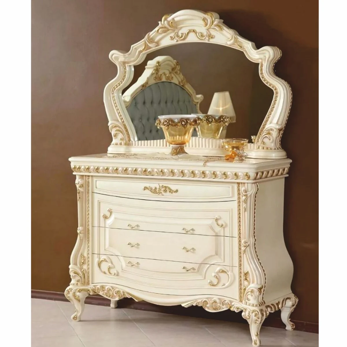 Luxus Barock Kommode mit Spiegel Creme / Gold - Schlafzimmer Möbel
