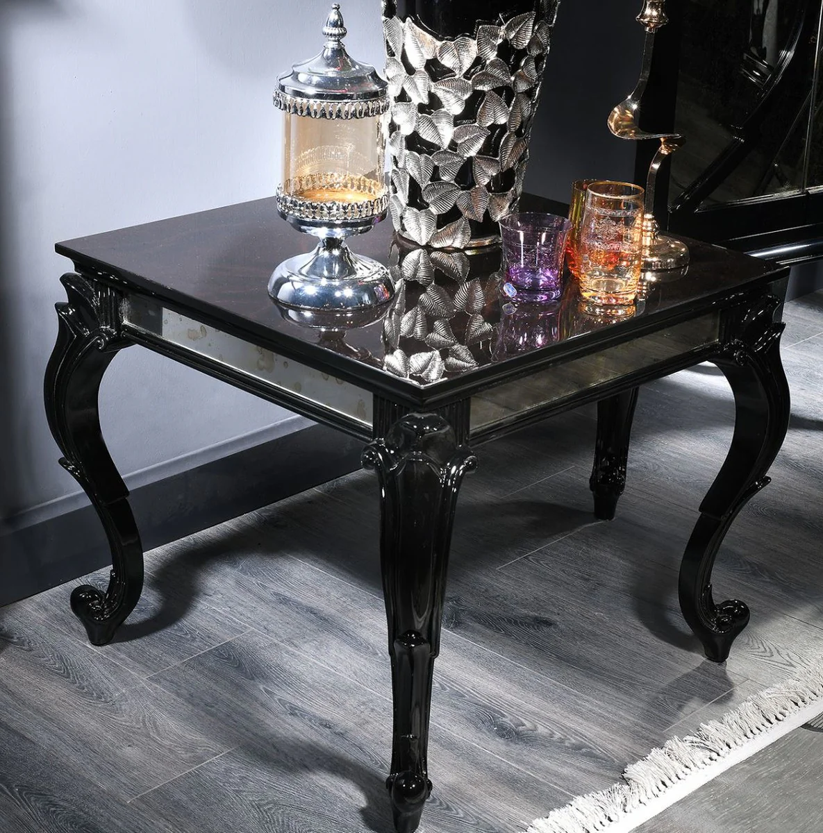 Luxury baroque side table black / brown 65 x 65 x H. 57 cm - elegant solid wood table with glass top and mirror glass - luxury quality
