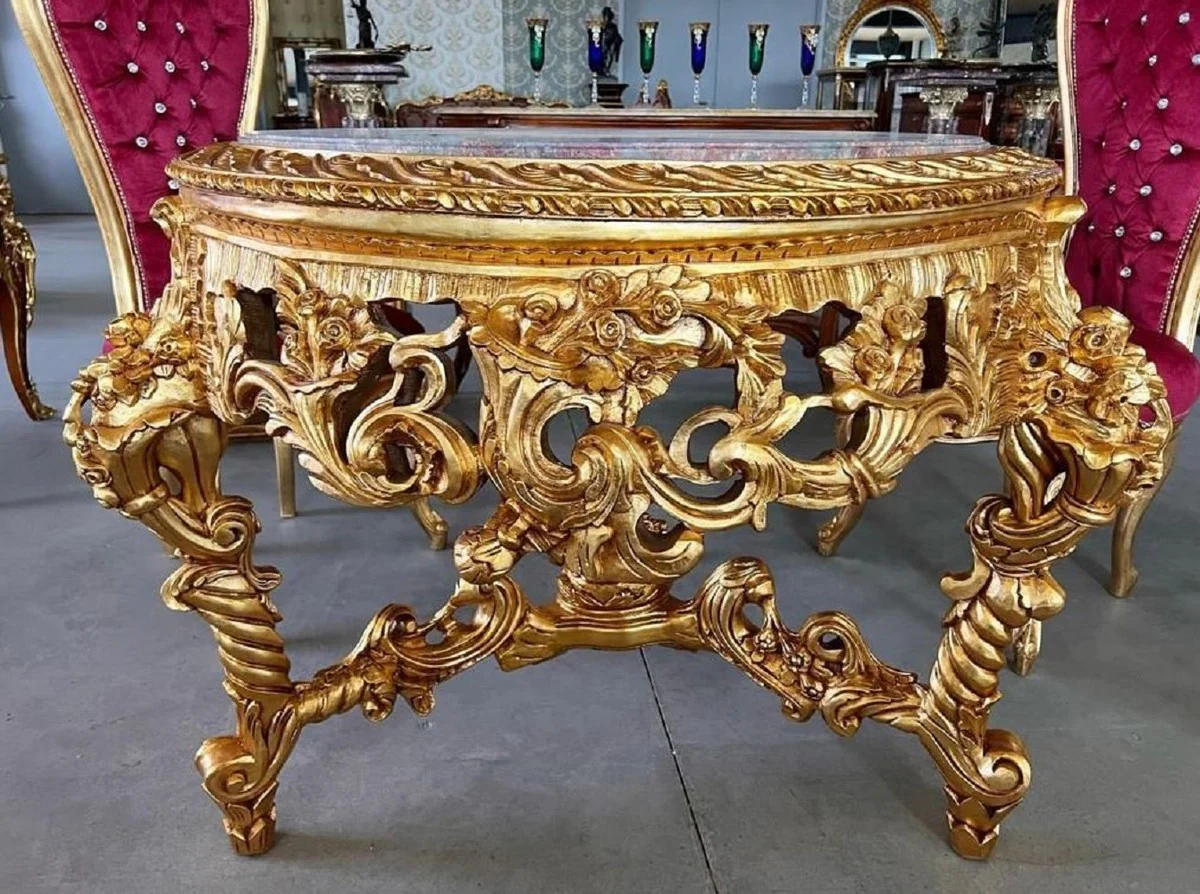 Baroque dining table gold / gray-brown - round solid wood dining room table with marble top - dining room furniture in baroque style - baroque furniture - noble & magnificent