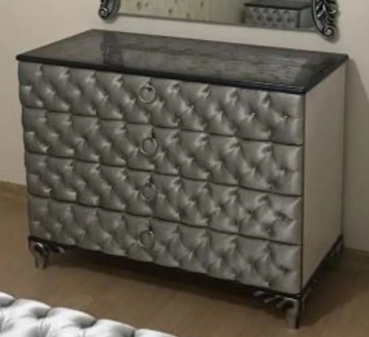 Baroque chest of drawers silver 100 x 45 x H. 90 cm - Solid wood bedroom chest of drawers with 4 drawers - Baroque bedroom furniture