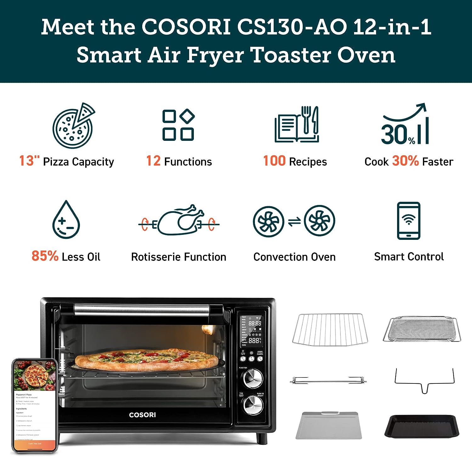COSORI Air Fryer Toaster Oven Combo 12 Funktionen Smart 30L Large Countertop Dehydrator 13