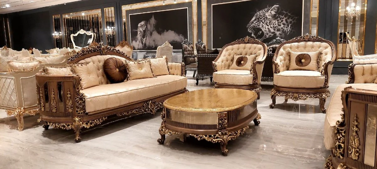 Luxury Baroque Living Room Sofa Gold / Brown / Gold - Handmade Baroque Style Sofa - Luxury Living Room Furniture in Baroque Style - Baroque Furniture - Noble & Magnificent