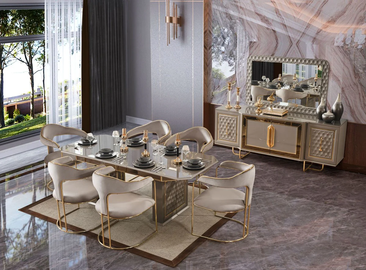 Luxury Art Deco Dining Room Chair Set of 6 Gray / Gold 60 x 58 x H. 92 cm - Dining Room Furniture - Restaurant Furniture - Art Deco Furniture - Luxury Furniture - Luxury Quality