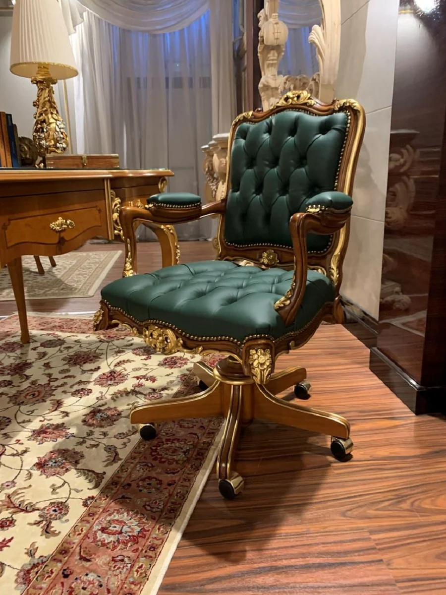Luxury Baroque office chair green / brown / gold 70 x 57 x H. 108 cm - Magnificent handmade solid wood desk chair with real leather - Baroque office furniture - Luxury quality