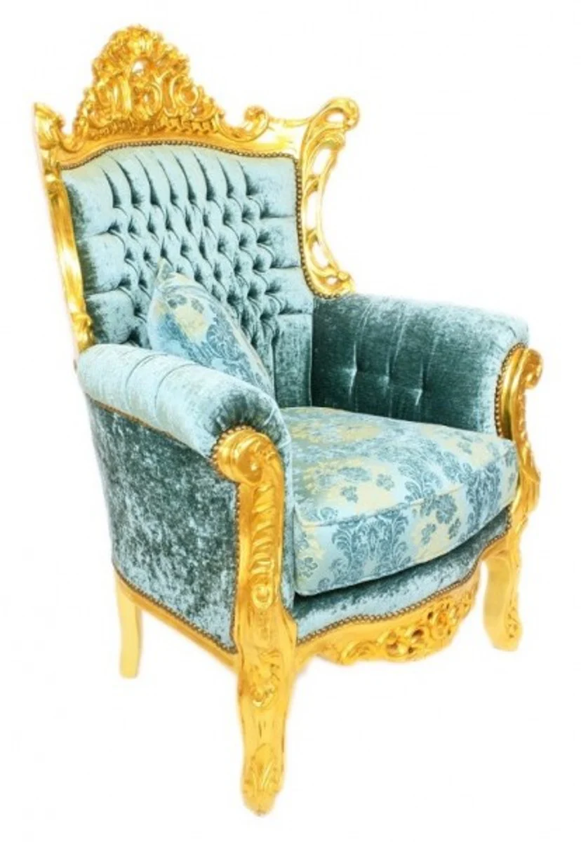 Baroque living room set Master turquoise-blue pattern velvet fabric / gold - 2 sofa + 2 armchairs - Limited Edition!