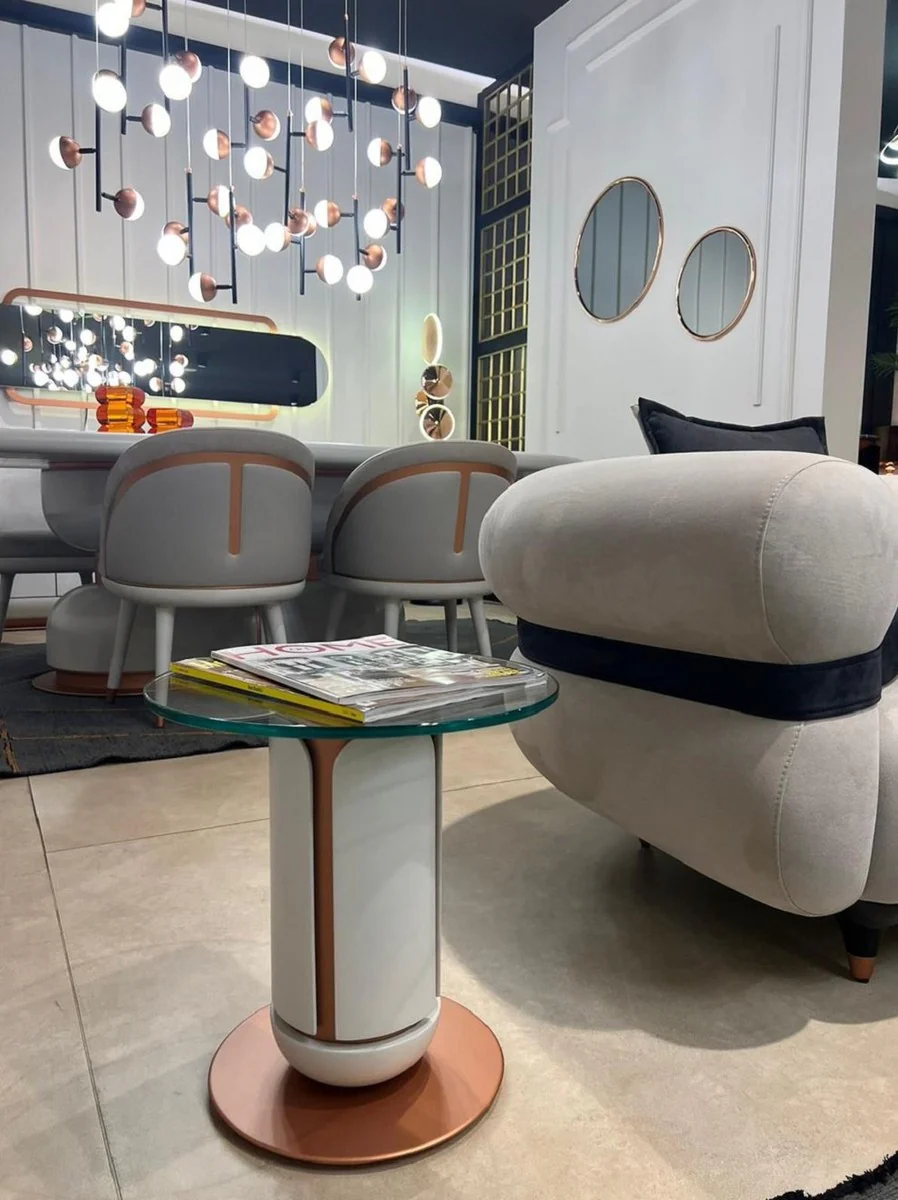 Luxury side table white / copper Ø 40 x H. 40 cm - Round table with glass top - Living room furniture - Hotel furniture - Luxury furniture