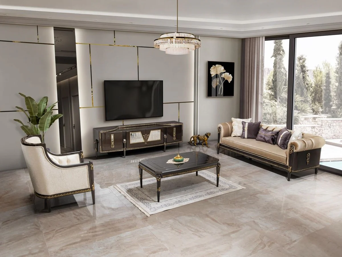 Luxury Baroque Sofa Light Brown / Dark Brown / Gold 235 cm - Baroque Furniture