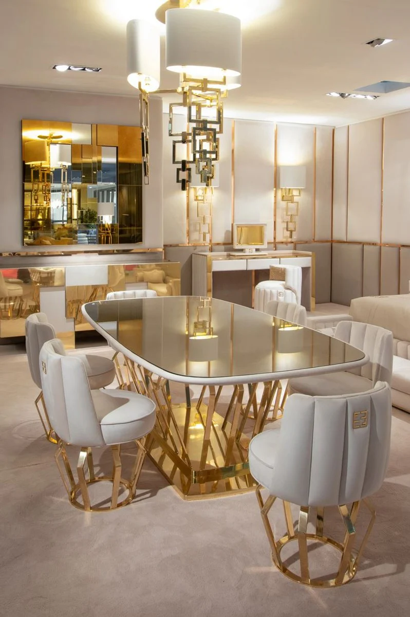 Luxury Designer Dining Room Set Ivory / Gold - 1 Dining Table & 6 Dining Chairs - Luxury Designer Dining Room Furniture - Hotel Furniture - Luxury Quality - Made in Italy